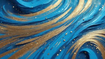 The primary subject of the image is a blue and gold painting, featuring a wave-like pattern. The setting is a canvas, and the visual style is a painting. The dominant colors are blue and gold, creating a serene and calming atmosphere.