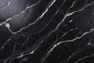 The primary subject of the image is a marble countertop with a black and white pattern. The setting is a kitchen, and the visual style is a close-up of the countertop. The colors and mood of the image are predominantly black and white, giving it a classic and elegant appearance.