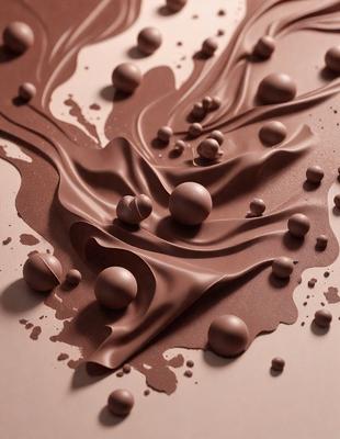 The primary subject of the image is a chocolate-covered surface with a variety of chocolate balls and droplets on it. The setting appears to be a kitchen or a dining area, as the chocolate is spread out on a table or counter. The visual style of the image is a close-up of the chocolate, showcasing its texture and details. The colors and mood of the image are predominantly brown and rich, creating a warm and indulgent atmosphere.