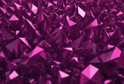 The primary subject of the image is a large group of purple crystals or glass pieces, which are arranged in a dense and intricate pattern. The setting is a purple background, which complements the vibrant color of the crystals. The visual style of the image is a close-up of the crystals, showcasing their unique shapes and textures. The colors and mood of the image are predominantly purple, creating a sense of depth and richness.