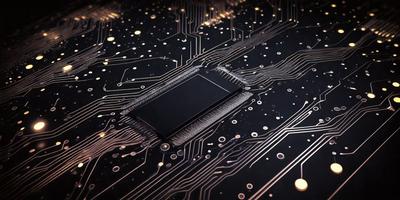 The primary subject of the image is a close-up of a computer chip, which is the main focus of the image. The setting is a black background, which provides a contrasting backdrop for the chip. The visual style is a close-up of the chip, showcasing its intricate details. The colors in the image are predominantly black and white, giving the image a clean and modern appearance.