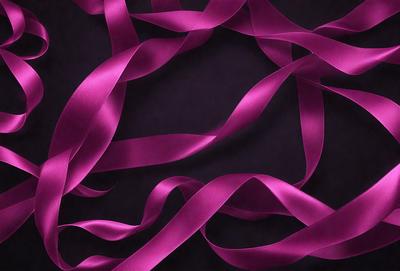 The primary subject of the image is a purple ribbon. The ribbon is wound around a black surface, creating a visually striking contrast between the two colors. The visual style of the image is a close-up of the purple ribbon, emphasizing its texture and pattern. The colors and mood of the image are predominantly purple and black, giving it a bold and striking appearance.