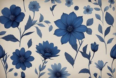 The primary subject of the image is a blue floral pattern, featuring a variety of blue flowers. The setting is a white background, which provides a clean and minimalist look. The visual style is a combination of digital art and illustration, creating a vibrant and eye-catching design. The dominant colors are blue and white, giving the image a calm and soothing atmosphere.