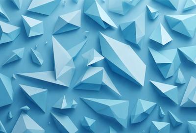 The primary subject of the image is a blue wall with a pattern of white triangles. The setting is a room with a blue background, and the visual style is a combination of digital art and illustration. The dominant colors are blue and white, creating a calm and soothing atmosphere.