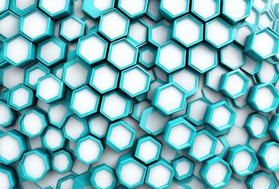 The primary subject of the image is a pattern of blue hexagons. The setting is a white background, which provides a clean and minimalist appearance. The visual style is a combination of digital art and illustration, creating a unique and eye-catching design. The dominant colors are blue and white, giving the image a calm and soothing atmosphere.