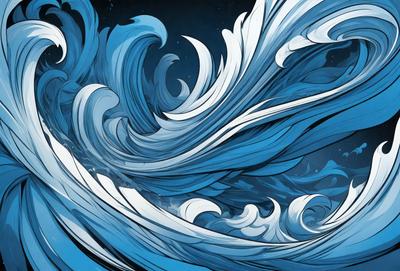 The primary subject of the image is a large, blue wave with white foam. The wave is the main focus of the image, and it is set against a dark blue background. The visual style of the image is digital art, as it appears to be a computer-generated or digitally-created illustration. The dominant colors in the image are blue and white, creating a sense of calmness and tranquility.