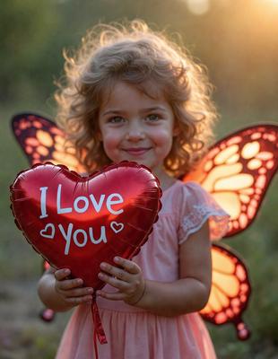 The primary subject of the image is a young girl holding a red heart-shaped balloon with the words "I love you" written on it. The setting is outdoors, with the girl standing in front of a field. The visual style appears to be a photo, capturing the girl's joyful expression as she holds the balloon. The colors in the image are predominantly red and pink, creating a warm and loving atmosphere.