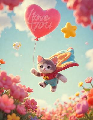 The primary subject of the image is a cute, cartoon-like kitten with a superhero cape, flying through the air while holding a pink heart-shaped balloon. The setting is a vibrant, colorful garden filled with pink flowers, creating a cheerful and playful atmosphere. The visual style is a combination of digital art and illustration, giving the image a whimsical and imaginative appearance. The dominant colors are pink, white, and blue, reflecting the kitten's superhero cape and the heart-shaped balloon.