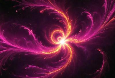 The primary subject of the image is a vibrant, swirling, and colorful pattern, which appears to be a digital art or illustration. The setting is a dark background, which contrasts with the bright and lively pattern. The visual style is a mix of digital art and illustration, creating a unique and captivating image. The dominant colors are pink and orange, giving the pattern a warm and energetic atmosphere.