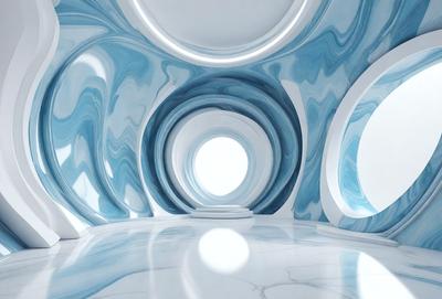 The primary subject of the image is a large, open, and brightly lit room with a blue and white color scheme. The room features a circular window, which allows natural light to enter the space. The setting is a modern, architectural environment, possibly a museum or an art gallery. The visual style of the image is a combination of photo and digital art, creating a unique and captivating atmosphere. The colors and mood of the room are serene and inviting, making it an ideal space for contemplation and appreciation of art.