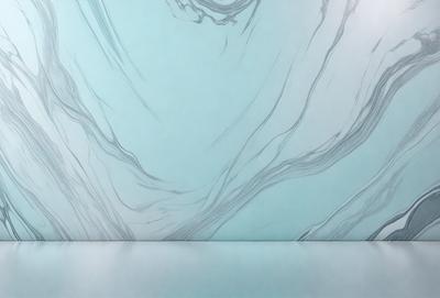 The primary subject of the image is a large, intricate drawing or painting of a wave. The setting is a white wall, which serves as the background for the artwork. The visual style appears to be a combination of digital art and illustration, as the wave is depicted in a detailed and realistic manner. The colors and mood of the image are predominantly blue, creating a serene and calming atmosphere.