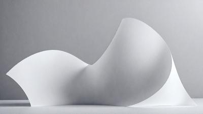 The primary subject of the image is a white paper sculpture, which appears to be a large, curved, and somewhat abstract shape. The sculpture is placed on a white surface, which serves as the setting and background of the image. The visual style of the image is a combination of photo and digital art, as it captures the intricate details of the paper sculpture. The colors and mood of the image are predominantly white, giving it a clean and minimalist appearance.