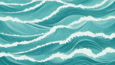 The primary subject of the image is a large body of water, featuring a wave with white foam. The setting is a blue ocean, and the visual style is a painting or drawing. The dominant colors are blue and white, creating a serene and calming atmosphere.