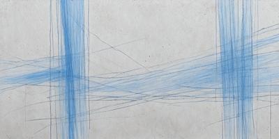 The primary subject of the image is a blue line drawing on a white surface. The setting appears to be a white wall, and the visual style is a combination of drawing and painting. The colors and mood of the image are predominantly blue, creating a calm and serene atmosphere.