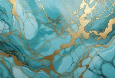 The primary subject of the image is a blue and gold marbled stone. The setting is a close-up of the marbled stone, showcasing its intricate patterns and colors. The visual style is a combination of a photo and digital art, as the image appears to be a close-up of a marbled stone, but the colors and patterns are enhanced by digital manipulation. The dominant colors are blue and gold, creating a luxurious and elegant atmosphere.