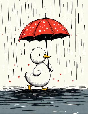 The primary subject of the image is a duck, which is walking in the rain while holding an umbrella. The setting is a rainy day, and the visual style is a black and white illustration. The dominant colors are black, white, and red, which create a moody atmosphere.