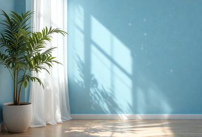 The primary subject of the image is a large potted plant with a long leaf, placed in a corner of a room. The plant is positioned near a window, which allows sunlight to shine on it. The setting is a room with a blue wall, and the visual style appears to be a photo. The colors in the image are predominantly blue, creating a calm and serene atmosphere.