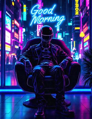 The primary subject of the image is a man sitting in a chair, wearing a helmet and a leather jacket. The setting is a futuristic cityscape with neon lights and a pink sky. The visual style is a digital art or illustration, creating a vibrant and colorful atmosphere. The dominant colors are pink, purple, and blue, giving the scene a futuristic and surreal mood.
