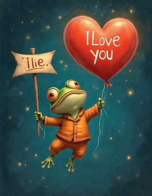 The primary subject of the image is a green frog holding a heart-shaped balloon. The setting is a nighttime scene with a dark background. The visual style is a digital art illustration, featuring a cartoon-like frog. The colors are predominantly green and red, creating a warm and friendly atmosphere.