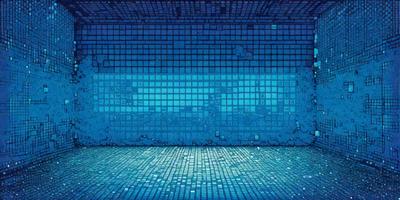 The primary subject of the image is a blue, digital art-like wall with a pattern of blue squares. The setting is a room with a blue floor, and the visual style is a combination of digital art and a blue-tinted photo. The colors and mood of the image are predominantly blue, creating a calm and serene atmosphere.