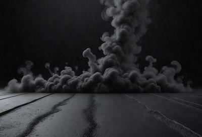 The primary subject of the image is a large cloud of smoke or steam, which is billowing upwards and filling the sky. The setting is a black background, which contrasts with the smoke, creating a dramatic visual effect. The visual style is a combination of photo and digital art, as the smoke appears to be a real-life scene, but the black background and the overall composition give it a digital art feel. The colors and mood of the image are dark and moody, with the smoke creating a sense of mystery and intensity.