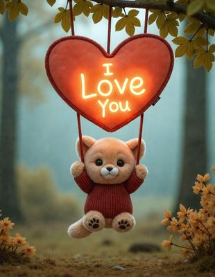 The primary subject of the image is a teddy bear. The setting is a forest, with trees in the background. The visual style is a digital art, illustration, or drawing. The colors are predominantly orange and red, creating a warm and cozy atmosphere.