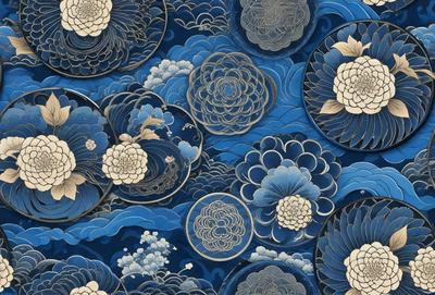 The primary subject of the image is a collection of blue and white plates with flower designs on them. The plates are arranged in a visually appealing manner, creating a sense of harmony and balance. The setting is a blue background, which complements the blue and white color scheme of the plates. The visual style of the image is a combination of artistic design and digital art, as the plates are likely created using digital tools and techniques. The colors and mood of the image are predominantly blue and white, giving it a calm and serene atmosphere.
