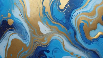 The primary subject of the image is a painting featuring a blue and gold color scheme. The setting is a canvas, and the visual style appears to be a mix of digital art and illustration. The dominant colors are blue and gold, creating a serene and elegant atmosphere.