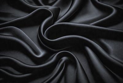 The primary subject of the image is a close-up of a black fabric, possibly a piece of clothing or a curtain. The setting is a dark background, which emphasizes the fabric's texture and pattern. The visual style appears to be a photo, as it captures the details of the fabric. The colors and mood of the image are predominantly dark, with the black fabric being the main focus.