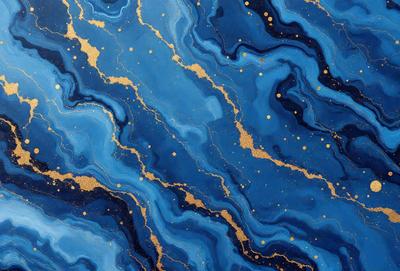 The primary subject of the image is a blue and gold painting featuring a blue background with gold stars and swirls. The setting is a canvas, and the visual style is a painting. The dominant colors are blue and gold, creating a serene and calming atmosphere.