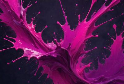 The primary subject of the image is a close-up of a pink and purple splash of paint, which appears to be a digital art or illustration. The setting is a dark background, which contrasts with the vibrant colors of the paint splash. The visual style gives the impression of a painting or a digital artwork, rather than a photo. The dominant colors in the image are pink and purple, creating a lively and energetic atmosphere.