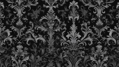 The primary subject of the image is a black and white patterned wallpaper featuring a floral design. The setting is a room with a black background, which emphasizes the intricate details of the wallpaper. The visual style is a combination of a photo and a drawing, creating a unique and artistic appearance. The colors and mood of the image are predominantly black and white, giving it a classic and elegant feel.