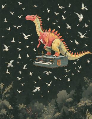The primary subject of the image is a large, colorful dinosaur, possibly a T-Rex, sitting on top of a piano. The setting is a night sky filled with stars, creating a celestial atmosphere. The visual style is a combination of digital art and illustration, giving the image a unique and creative appearance. The dominant colors are black, white, and various shades of pink, which contribute to the dinosaur's vibrant and eye-catching presence. The overall mood of the image is whimsical and imaginative, as it combines elements of music and the natural world in a fantastical and playful manner.