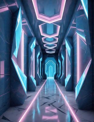 The primary subject of the image is a long, narrow hallway with a blue and pink color scheme. The setting is a futuristic, underground environment, possibly a space station or a subterranean facility. The visual style is a combination of digital art and illustration, creating a unique and captivating atmosphere. The dominant colors are blue and pink, which contribute to the futuristic and vibrant mood of the scene.