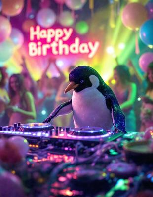 The primary subject of the image is a penguin standing on a DJ turntable. The setting is a party with a crowd of people in the background. The visual style is a combination of photo and digital art, creating a unique and lively atmosphere. The colors are predominantly neon and vibrant, reflecting the festive and energetic mood of the party.