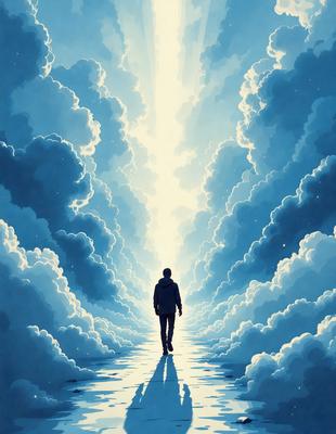 The primary subject of the image is a man walking in a cloudy sky. He is the focal point of the scene, and his presence is emphasized by the surrounding clouds. The setting is a cloudy sky, which serves as the backdrop for the man's journey. The visual style of the image is a digital art or illustration, as it is a detailed and well-rendered scene. The colors in the image are predominantly shades of blue and white, which contribute to the overall atmosphere of the scene.