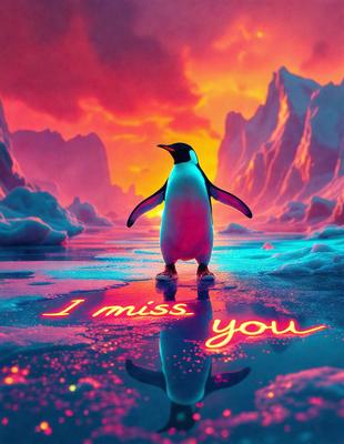 The primary subject of the image is a penguin standing on a frozen surface. The setting is a snowy landscape with a mountain in the background. The visual style is digital art, and the colors and mood are predominantly cold and icy.