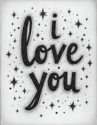 The primary subject of the image is a handwritten sign that says "I love you." The setting is a black and white background, giving the image a vintage or artistic feel. The visual style is a combination of handwriting and digital art, creating a unique and personalized message. The colors and mood of the image are predominantly black and white, with a touch of red from the stars, giving it a warm and affectionate atmosphere.