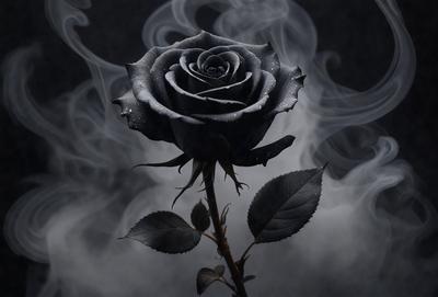 The primary subject of the image is a single black rose. The rose is placed in a dark, foggy environment, which adds a mysterious and dramatic atmosphere to the scene. The visual style of the image is a combination of photo and digital art, creating a realistic yet artistic representation of the rose. The dominant colors in the image are black and grey, with the black rose being the focal point of the scene.
