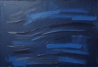 The primary subject of the image is a blue painting with a wave-like pattern. The setting is a dark blue background, which contrasts with the lighter blue of the wave pattern. The visual style appears to be a painting or drawing, rather than a photo or digital art. The colors and mood of the image are predominantly blue, creating a calm and serene atmosphere.