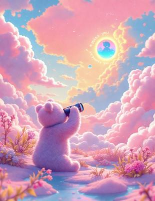 The primary subject of the image is a teddy bear. The setting is a pink and white cloudy sky, with a sun visible in the background. The visual style is a digital art or illustration, creating a whimsical and playful atmosphere. The dominant colors are pink and white, with the teddy bear being predominantly pink.