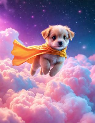 The primary subject of the image is a small dog, which is the main focus of the scene. The dog is flying through the air, wearing a cape and a yellow scarf. The setting is a cloudy sky, which serves as the backdrop for the dog's adventure. The visual style of the image is a digital art or illustration, as it is a well-crafted and detailed depiction of the dog in flight. The colors and mood of the image are vibrant and lively, with the dog's yellow cape and scarf adding a touch of warmth and playfulness to the scene.