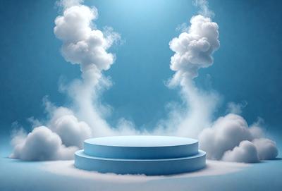 The primary subject of the image is a blue, circular object, possibly a table or a piece of art, set against a backdrop of clouds. The setting appears to be a sky, with the clouds surrounding the circular object. The visual style of the image is digital art, as it is a computer-generated image. The dominant colors in the image are blue and white, creating a calm and serene atmosphere.