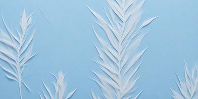 The primary subject of the image is a large, white, leaf-like design. The setting is a blue background, which creates a striking contrast with the white design. The visual style appears to be a combination of digital art and illustration, as the design is intricate and detailed. The colors and mood of the image are predominantly white and blue, giving it a clean and serene atmosphere.