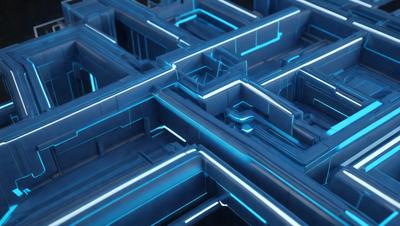 The primary subject of the image is a blue, three-dimensional structure with a honeycomb-like pattern. The setting is a dark background, which contrasts with the bright blue color of the structure. The visual style is a digital art or illustration, as the structure appears to be a digital creation. The colors and mood of the image are predominantly blue, creating a sense of depth and intrigue.
