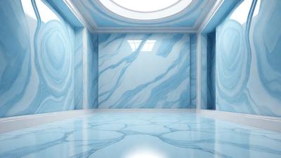 The primary subject of the image is a large, open room with a blue marble wall. The setting is a white room with a blue marble wall, and the visual style appears to be a photo. The room has a clean and modern atmosphere, with the blue marble wall serving as a striking focal point.