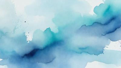 The primary subject of the image is a painting of a blue ocean with white clouds. The setting is a watercolor painting, which gives it a unique visual style. The dominant colors in the painting are blue and white, creating a serene and calming atmosphere.