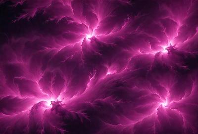 The primary subject of the image is a purple, pink, and white nebula, which is a cloud of gas and dust in space. The setting is a dark, starry sky, and the visual style is a digital art or illustration. The dominant colors and overall atmosphere of the image are vibrant and energetic, with the nebula appearing to be glowing and pulsating.