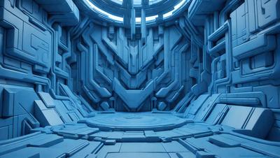 The primary subject of the image is a large, blue, circular structure with a central hole. The setting is a futuristic, blue-toned environment, possibly a space station or a futuristic building. The visual style is a combination of digital art and illustration, creating a unique and intriguing atmosphere. The dominant colors are blue and white, with the blue tones giving the space a futuristic and otherworldly feel.