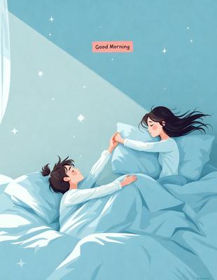 The image features a young woman and a young man lying in bed together. The woman is on the left side of the bed, while the man is on the right side. They are both holding hands, creating a sense of closeness and affection between them. The bed is covered with a white sheet, and the overall atmosphere of the scene is warm and intimate.